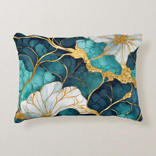 Almofada Decorativa Teal Floral Japonês Dourado (Frente)
