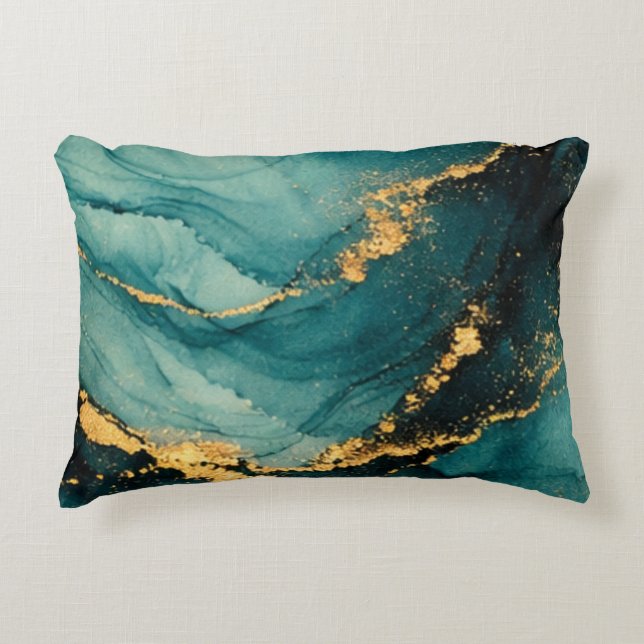 Almofada Decorativa Teal Profundo e Movimento Fluido Dourado (Frente)