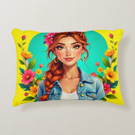 Almofada Decorativa Teen Girl Aestic - Retrato de Cartoon Floral