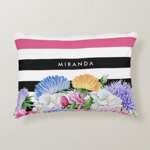 Almofada Decorativa Tendência Rosa e Black Stripes Floral com Nome