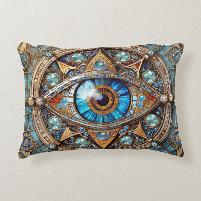 Almofada Decorativa Terceiro Olho - Turquesa Blue Dourado Mandala (Frente)
