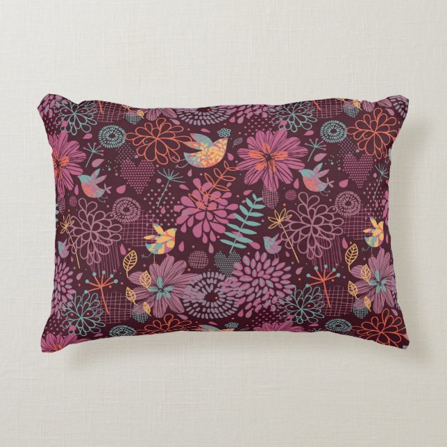 Almofada Decorativa Teste padrão floral abstrato com pássaros (Frente)