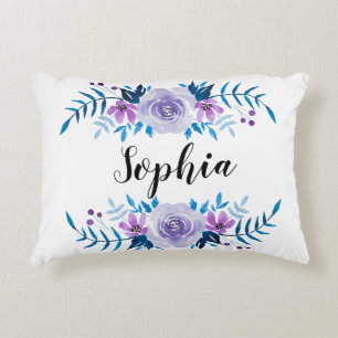 Almofada Decorativa Texto floral roxo azul do costume da grinalda da