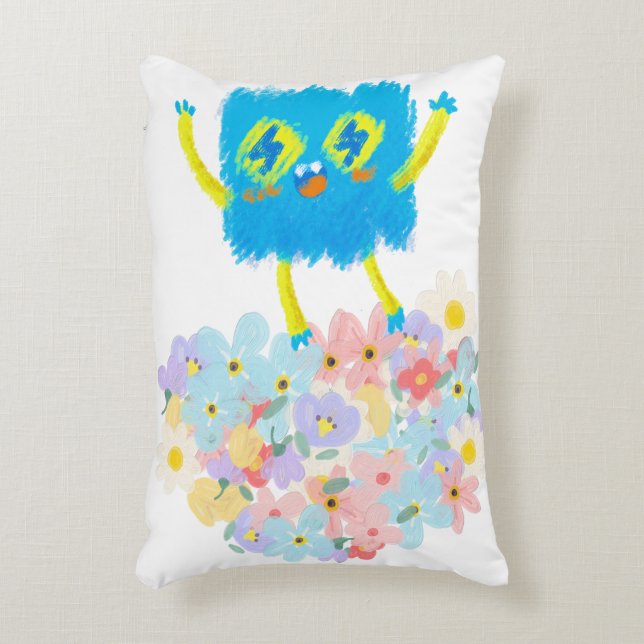 Almofada Decorativa The Happy Blue Scribble on a Bed of Flowers (Frente(Vertical))