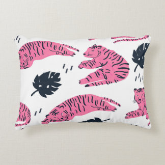Almofada Decorativa Tigre Rosa Tropical: Desenho De Mão Vintage.