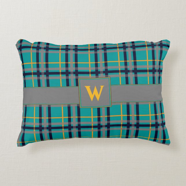 Almofada Decorativa Travesseiro de Destaque da Xadrez Azul e Laranja (Frente)