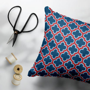 Almofada Decorativa Trellis, Latice, Quatrefoil, azul e vermelho marro