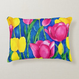 Almofada Decorativa Tulipas de aquarela artística elegante azul amarel
