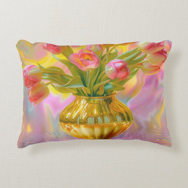 Almofada Decorativa Tulipas Rosa Vibrantes em Vase Ouro (Frente)