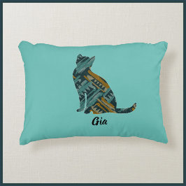 Almofada Decorativa Turquesa abstrato e gato Dourado