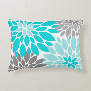 Almofada Decorativa Turquesa e Cinzas Chrysanthemum Padrão Floral