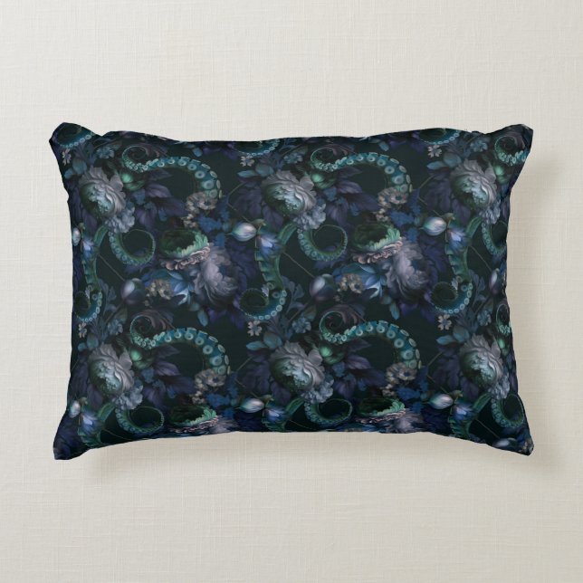 Almofada Decorativa Turquesa Gótica Cthulhu Tentáculo Com Flores (Frente)