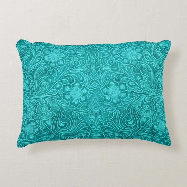 Almofada Decorativa Turquoise Faux Leather Floral Embossed (Frente)