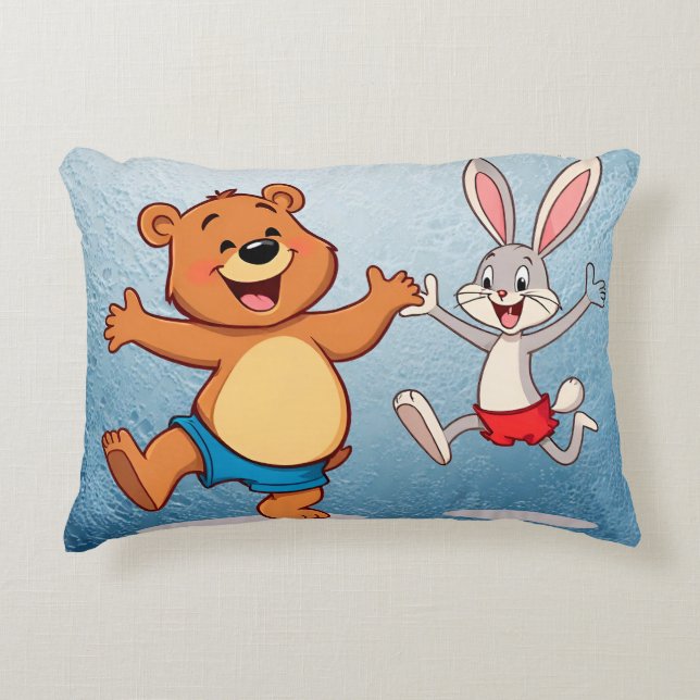 Almofada Decorativa Urso e coelho de desenho animado alegre dançando a (Frente)