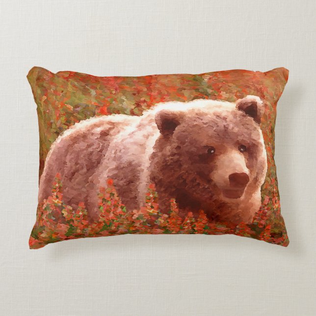 Almofada Decorativa Urso Grizzly na Pintura de Arte Selvagem com Algas (Frente)