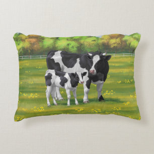 Almofada Decorativa Vaca Holstein e Vitelo Fresco na Pastagem de Verão