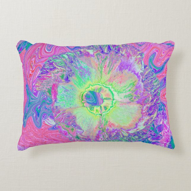 Almofada Decorativa Verde limão Psychedelic Trippy e Hibiscus roxo (Frente)