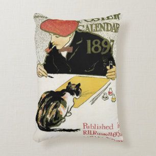 Almofada Decorativa Vintage Art Nouveau, Artista Pintura com Pet Cat