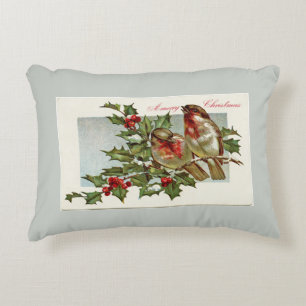 Almofada Decorativa Vintage Birds e Holly Cinzas Natal