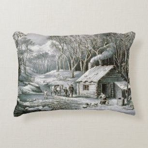Almofada Decorativa Vintage Currier & Ives Log Cabine Natal