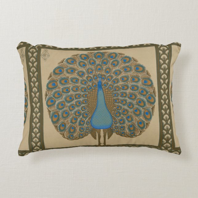 Almofada Decorativa Walter Crane Blue Peacock com a cauda (Frente)