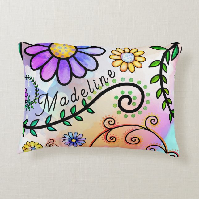 Almofada Decorativa Whimsical, Doodle flores por toda parte (Verso)