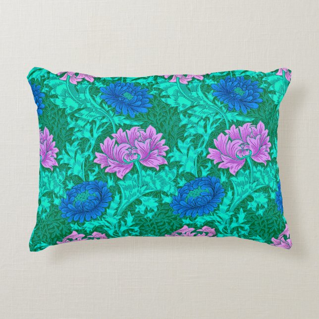 Almofada Decorativa William Morris Chrysanthemums, Aqua e Violet (Frente)