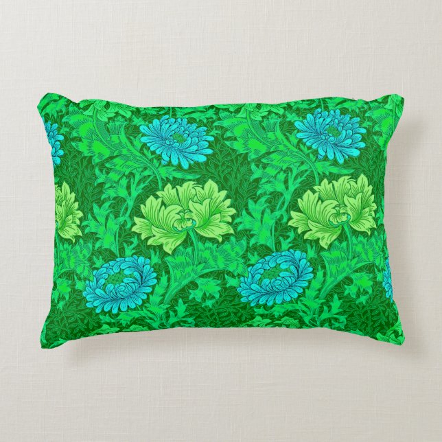 Almofada Decorativa William Morris Chrysanthemums, Verde limão & Aqua (Frente)