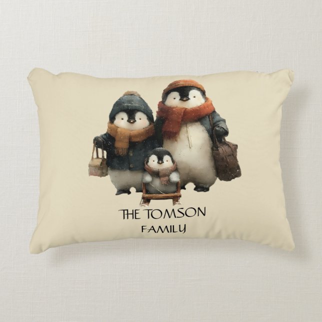 Almofada Decorativa Winter Penguin Family Personalized Design (Frente)