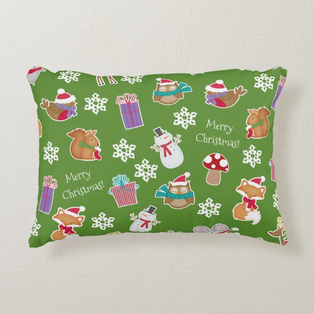 Almofada Decorativa Woodland Animal Pattern Green Merry Christmas (Frente)