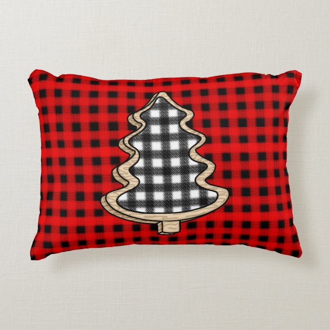 Almofada Decorativa Xadrez de Buffalo, Árvores de Natal Red Gingham (Frente)