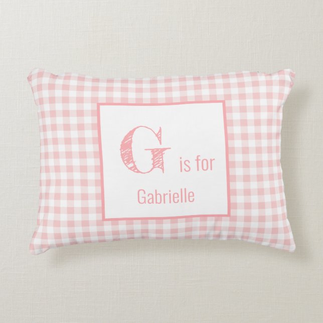 Almofada Decorativa Xadrez Gingham Rosa Bebê & Branco - Berçário com M (Frente)