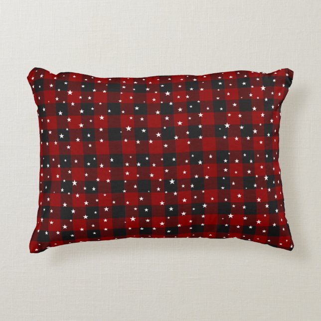 Almofada Decorativa Xadrez vermelho e preto com estrelas (Frente)