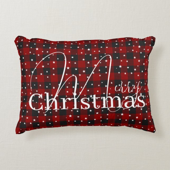 Almofada Decorativa Xadrez vermelho e preto com estrelas (Frente)