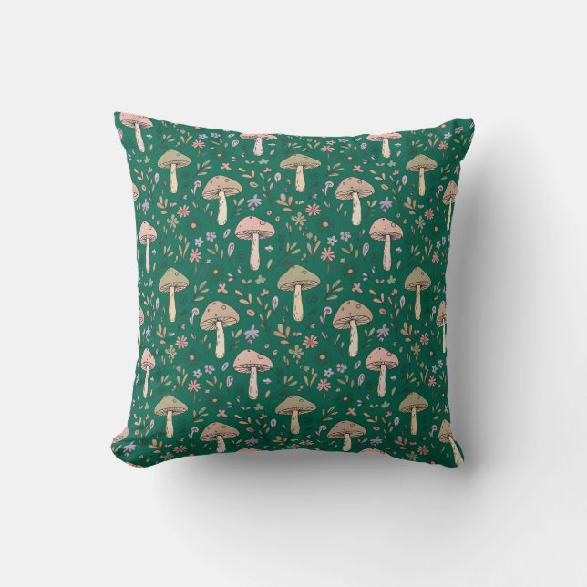 Almofada Deep Emerald Fungi Seamless Pattern Jewel Tone (Frente)