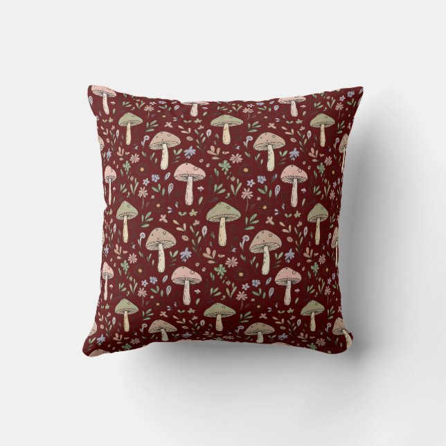 Almofada Deep Maroon Fungi Seamless Gothic Dark Academia  (Verso)
