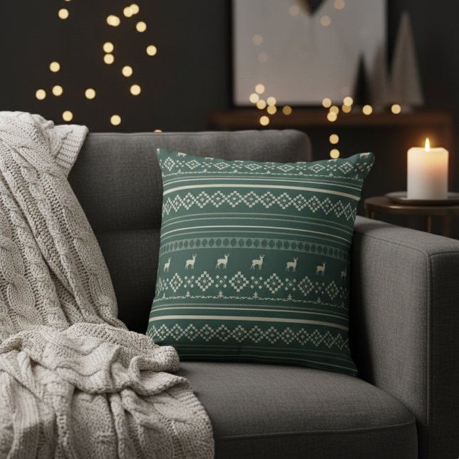 Almofada Deer Spruces and Diamonds Green Christmas Sweater  (Deer Spruces and Diamonds Green Christmas Sweater Throw Pillow)