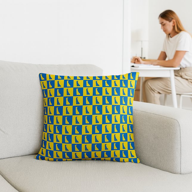 Almofada Delaware Pop Art Grid Pattern Blue Yellow Gold (A throw pillow with a blue and gold pattern of Delaware)