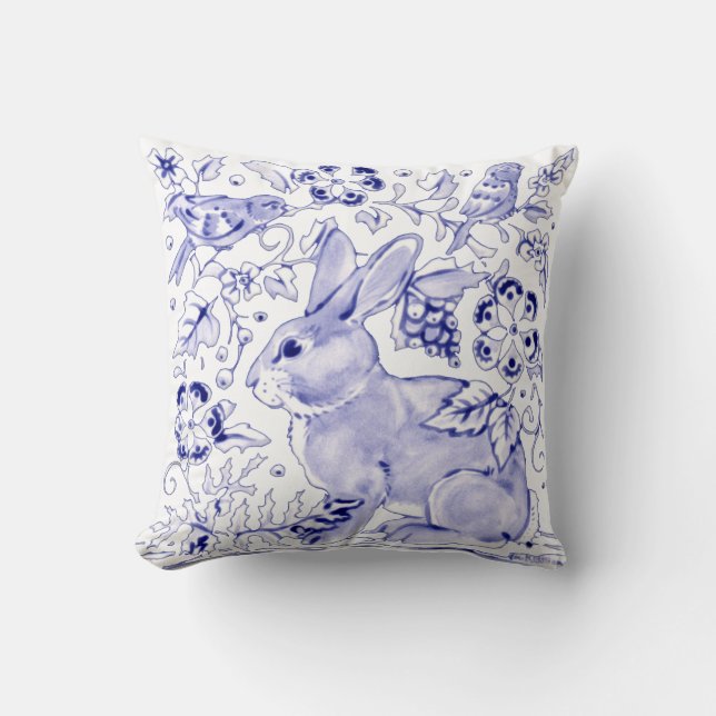 Almofada Delft Blue Bunny Rabbit Birds Dedham Elegant (Frente)