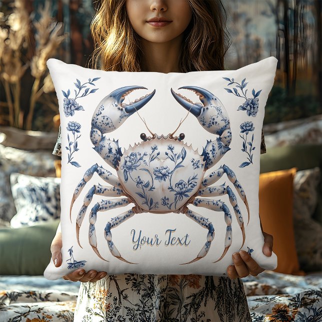 Almofada Delft Blue Floral Crab Costeira Rustic Beach House (Criador carregado)