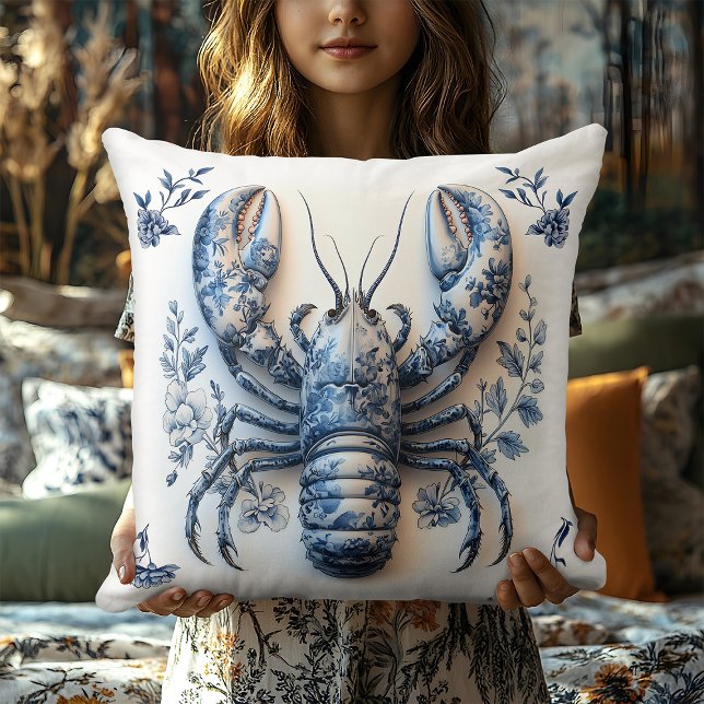 Almofada Delft Blue Floral Crab Costeira Rustic Beach House (Criador carregado)
