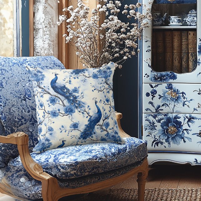 Almofada Delft Blue Vintage Chinoiserie Peacock (Criador carregado)