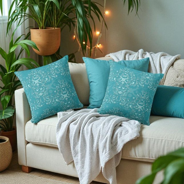 Almofada Delicado Damask Teal Floral Bicolor Chique (Criador carregado)