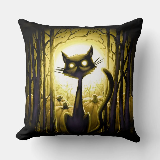 Almofada Derpy Little Halloween Cat em um Pumpkin Patch (Frente)