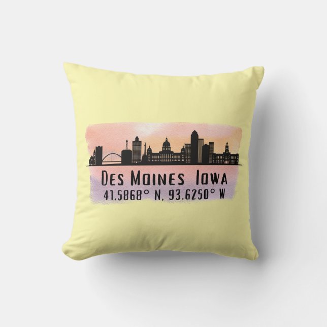 Almofada Des Moines IA Cidade Skyline Latitude e Longitude (Frente)