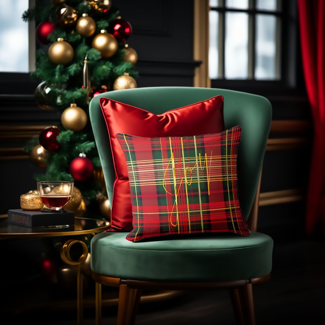 Almofada Desdecoração da caligrafia "Joy" do Tartan Festivo (Christmas Decor, Classic Christmas Tartan 'Joy' Script Decorative Throw Pillow, Red and Green )