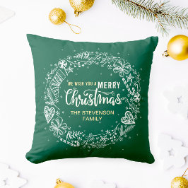 Almofada Desejamos-lhe um Feliz Natal Família Wreath Green