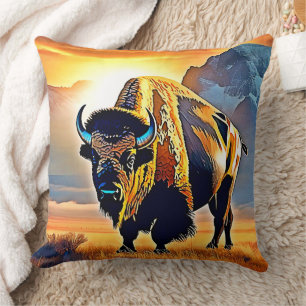 Almofada Desenho Artístico de Bisonte da Montanha do Pôr do