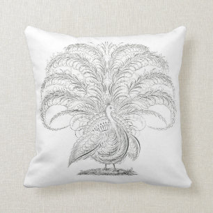Almofada Desenho branco preto do pavão do vintage