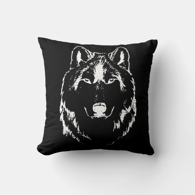 Almofada Desenho Da Cabeça Do Lobo Negro E Branco Engraçado (Frente)